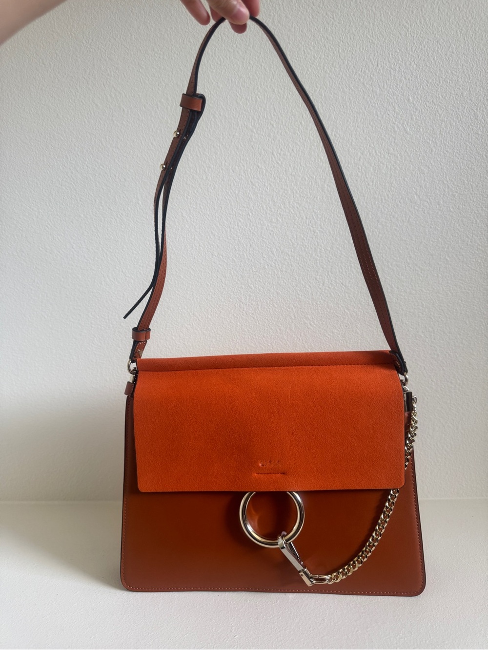 Two-Tone Orange Leather Shoulder Bag with Ring Hardware